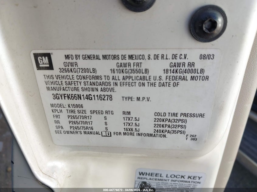 2004 Cadillac Escalade Esv Standard VIN: 3GYFK66N14G116278 Lot: 44776870