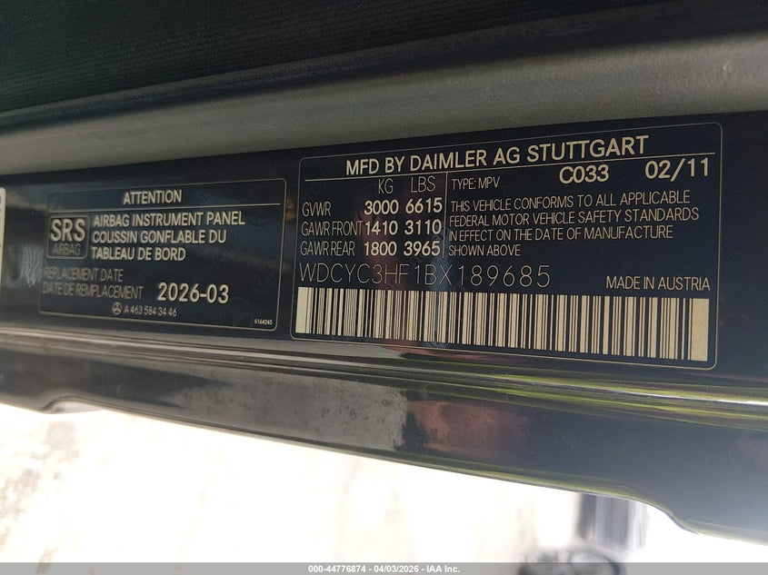 2011 Mercedes-Benz G 550 4Matic VIN: WDCYC3HF1BX189685 Lot: 44776874