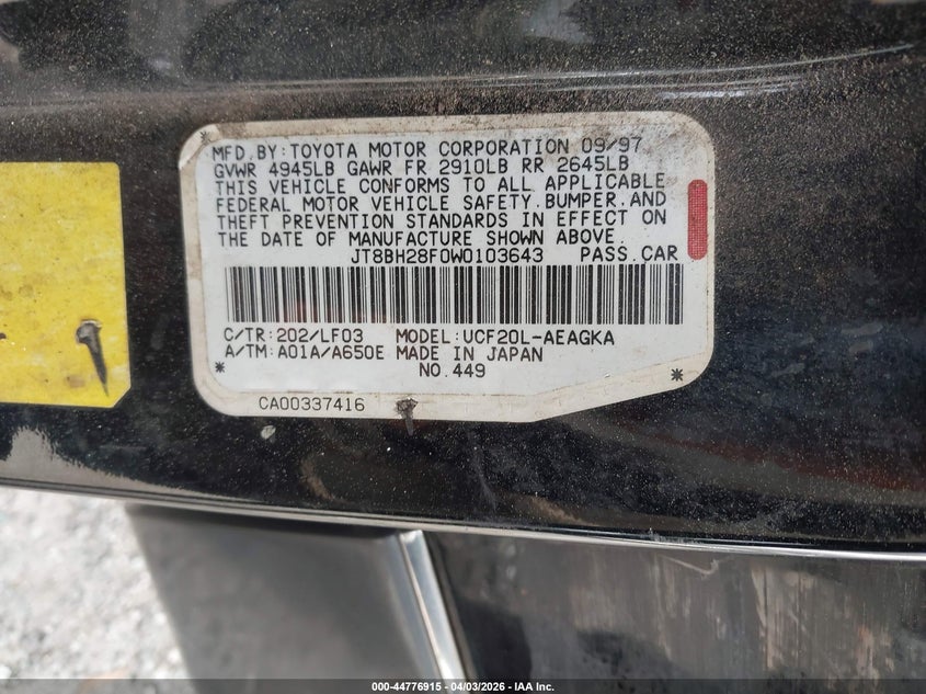 1998 Lexus Ls 400 VIN: JT8BH28F0W0103643 Lot: 44776915