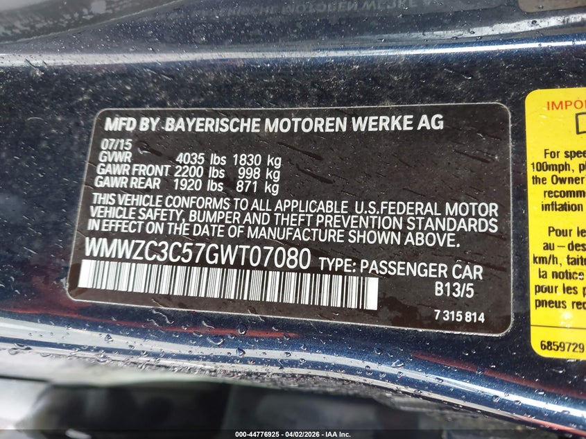 2016 Mini Countryman Cooper S VIN: WMWZC3C57GWT07080 Lot: 44776925