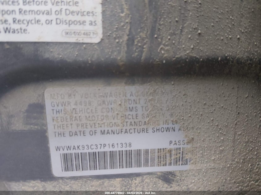 2007 Volkswagen Passat 2.0T/Wolfsburg Edition VIN: WVWAK93C37P161338 Lot: 44776942
