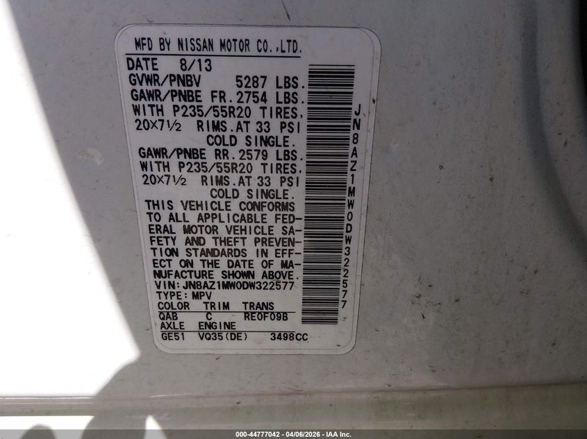 2013 Nissan Murano Le VIN: JN8AZ1MW0DW322577 Lot: 44777042