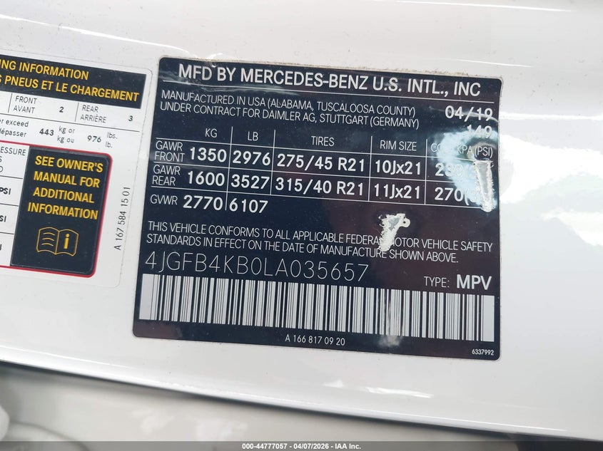 2020 MERCEDES-BENZ GLE-CLASS VIN: 4JGFB4KB0LA035657