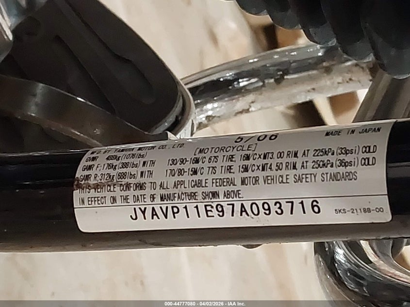 2007 Yamaha Xvs1100 VIN: JYAVP11E97A093716 Lot: 44777080