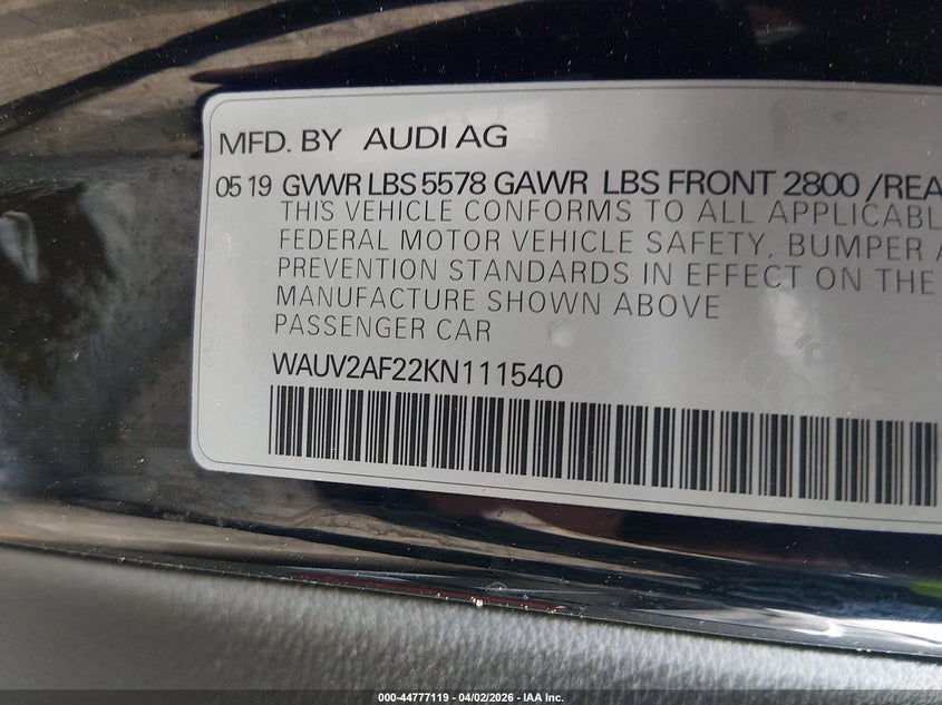 2019 Audi A7 55 Premium VIN: WAUV2AF22KN111540 Lot: 44777119