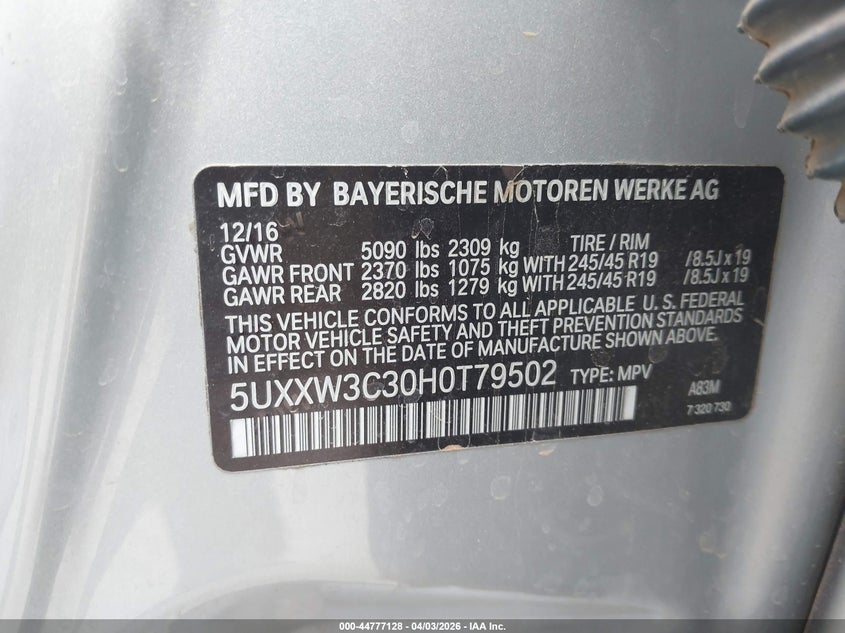 2017 BMW X4 xDrive28I VIN: 5UXXW3C30H0T79502 Lot: 44777128