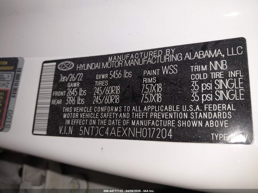 2022 Hyundai Santa Cruz Sel VIN: 5NTJC4AEXNH017204 Lot: 44777132