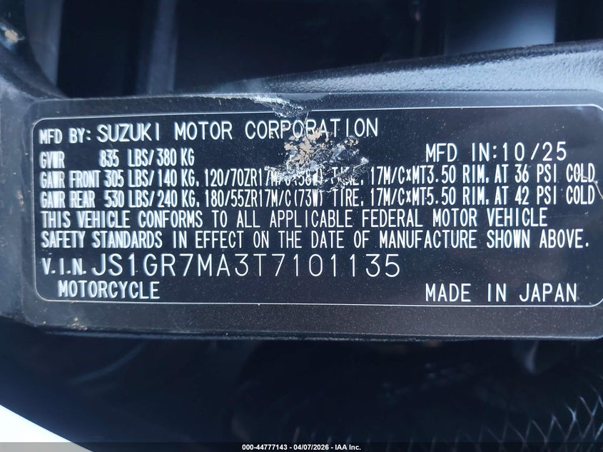 2026 Suzuki Gsx-R750 VIN: JS1GR7MA3T7101135 Lot: 44777143