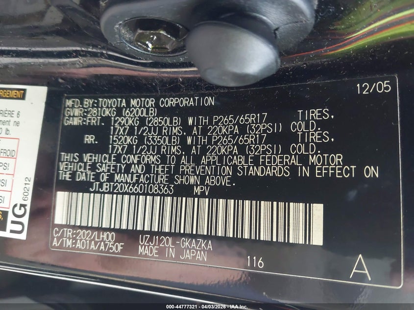 2006 Lexus Gx 470 VIN: JTJBT20X660108363 Lot: 44777321