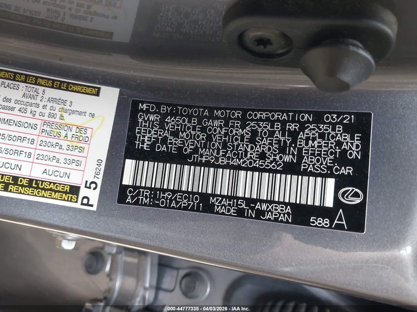 2021 Lexus Ux 250H VIN: JTHP9JBH4M2045562 Lot: 44777335