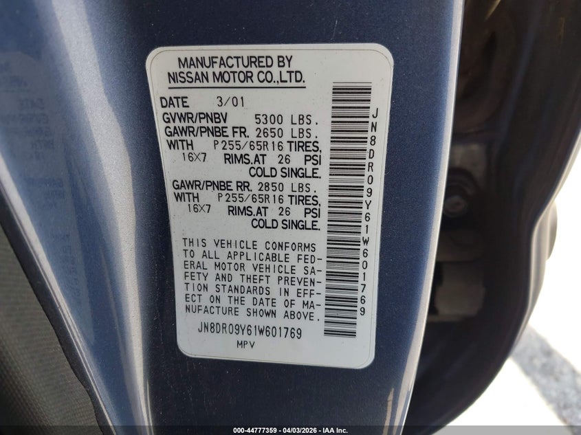 2001 Nissan Pathfinder Se VIN: JN8DR09Y61W601769 Lot: 44777359