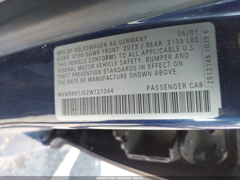 2002 Volkswagen Jetta Gl VIN: WVWRK61J52W121344 Lot: 44777378