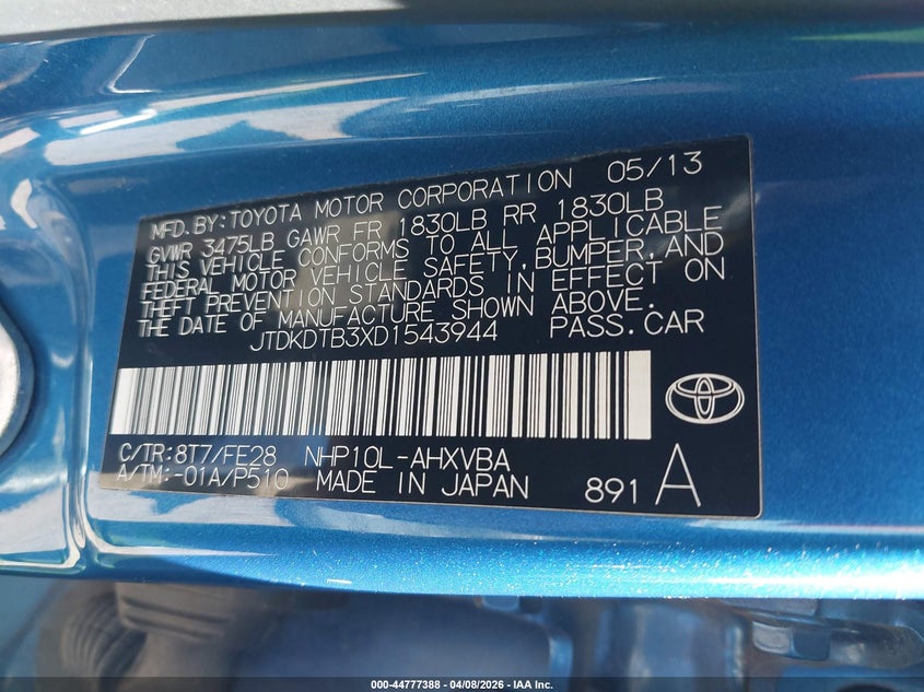 2013 Toyota Prius C One VIN: JTDKDTB3XD1543944 Lot: 44777388