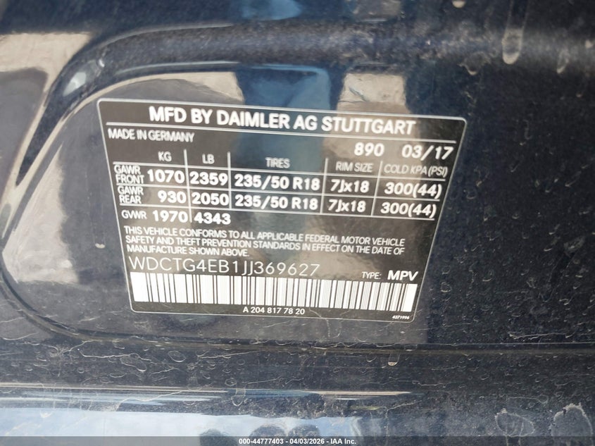 2018 Mercedes-Benz Gla 250 VIN: WDCTG4EB1JJ369627 Lot: 44777403