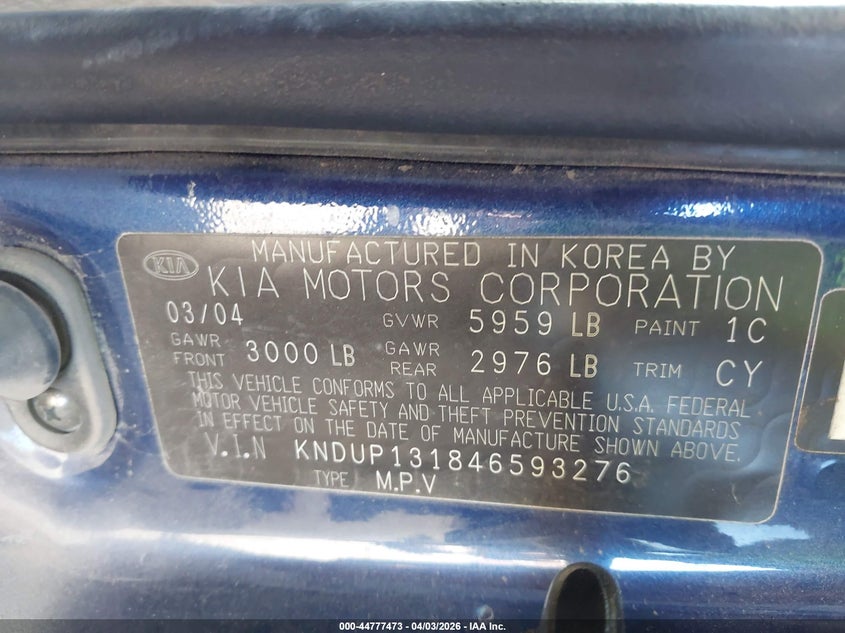 2004 Kia Sedona Ex/Lx VIN: KNDUP131846593276 Lot: 44777473