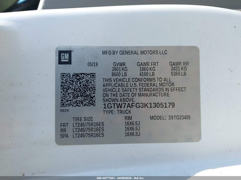 2019 GMC Savana 2500 Work Van VIN: 1GTW7AFG3K1305179 Lot: 44777541