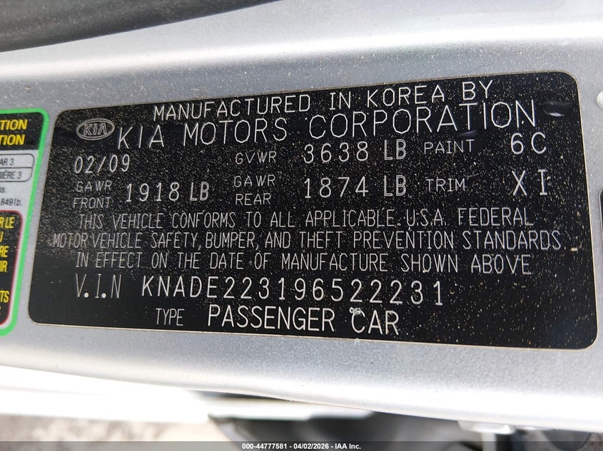 2009 Kia Rio Lx VIN: KNADE223196522231 Lot: 44777581