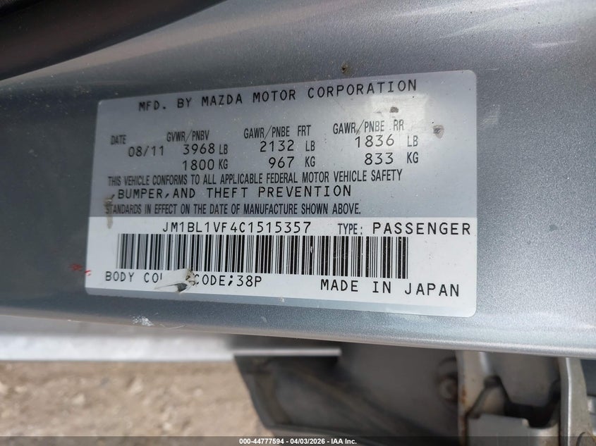 JM1BL1VF4C1515357 2012 Mazda 3 2.0 I Touring silver