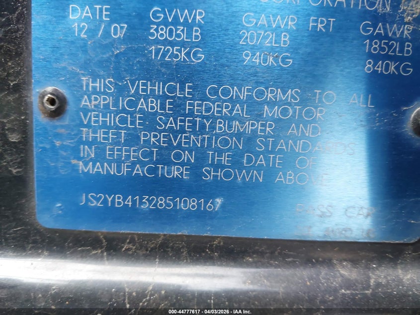 2008 Suzuki Sx4 Convenience/Touring VIN: JS2YB413285108167 Lot: 44777617