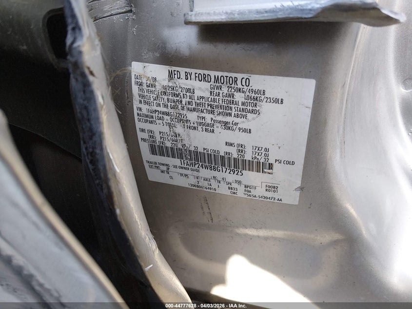 2008 Ford Taurus Sel VIN: 1FAHP24W88G172925 Lot: 44777628