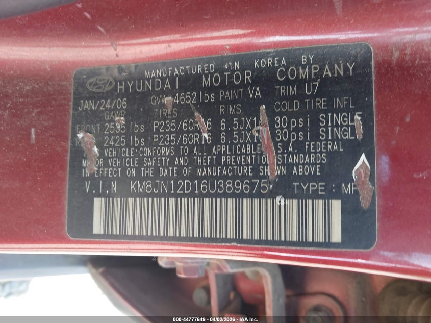 2006 Hyundai Tucson Gls/Limited VIN: KM8JN12D16U389675 Lot: 44777649