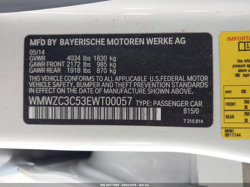 2014 Mini Countryman Cooper S VIN: WMWZC3C53EWT00057 Lot: 44777669