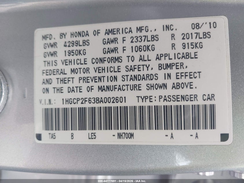 2011 Honda Accord 2.4 Se VIN: 1HGCP2F63BA002601 Lot: 44777691