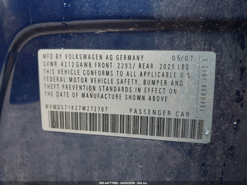 2007 Volkswagen Rabbit 4-Door VIN: WVWDS71K27W272707 Lot: 44777699