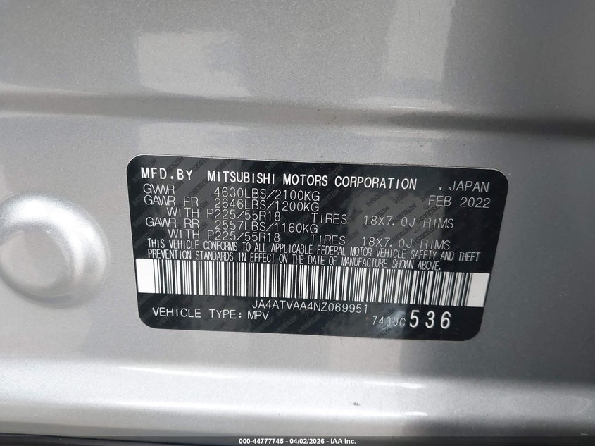 2022 Mitsubishi Eclipse Cross Le S-Awc VIN: JA4ATVAA4NZ069951 Lot: 44777745