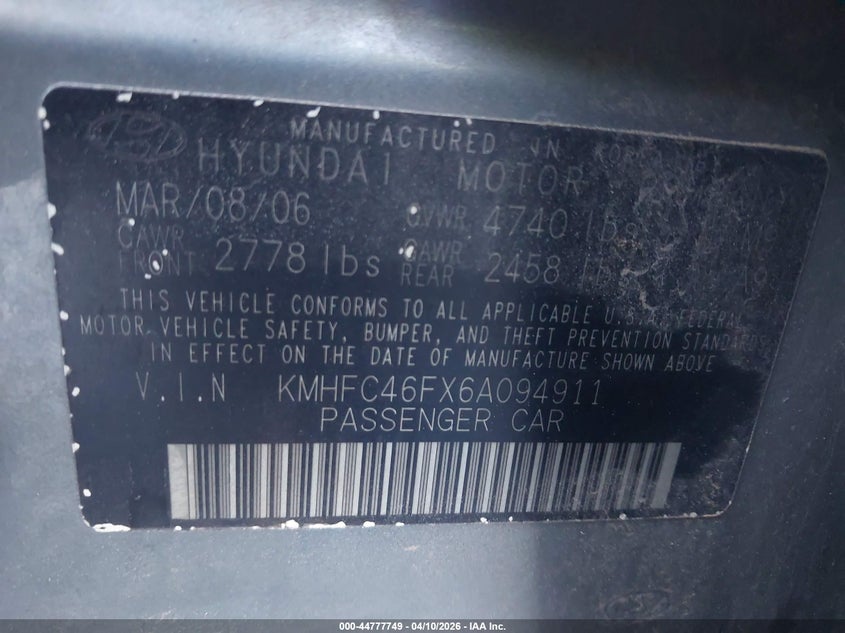 2006 Hyundai Azera Limited/Se VIN: KMHFC46FX6A094911 Lot: 44777749