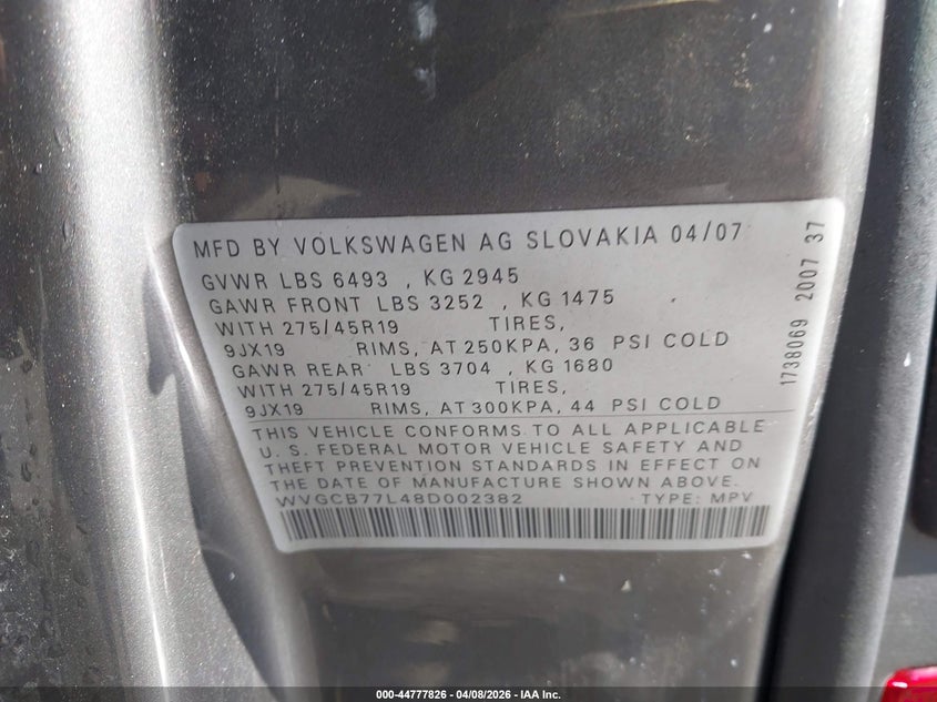 2008 Volkswagen Touareg 2 V8 Fsi VIN: WVGCB77L48D002382 Lot: 44777826