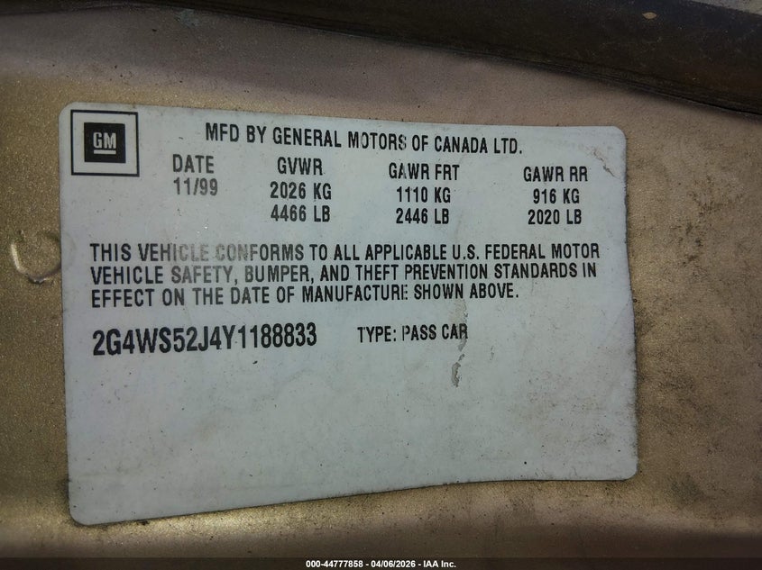 2000 Buick Century Custom VIN: 2G4WS52J4Y1188833 Lot: 44777858