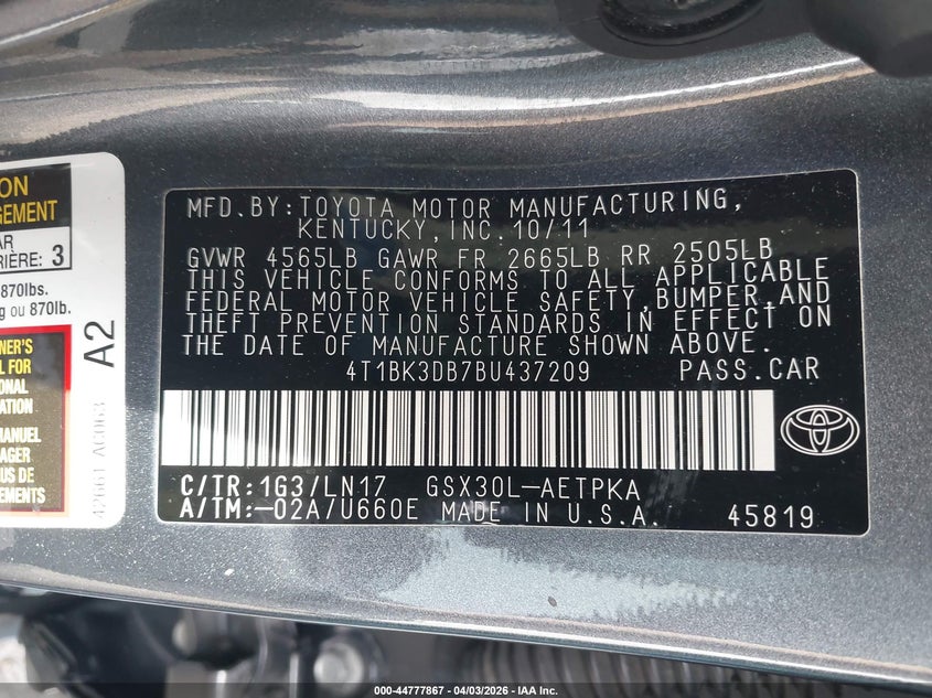 2011 Toyota Avalon Limited VIN: 4T1BK3DB7BU437209 Lot: 44777867