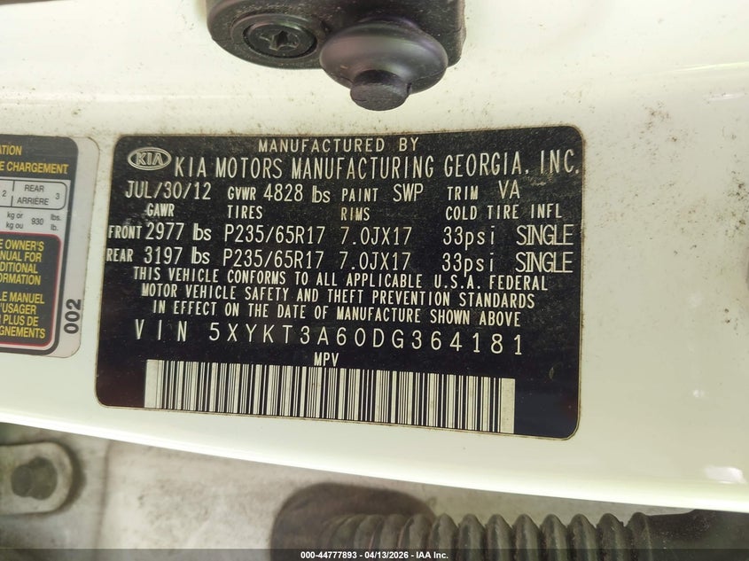 2013 Kia Sorento Lx VIN: 5XYKT3A60DG364181 Lot: 44777893