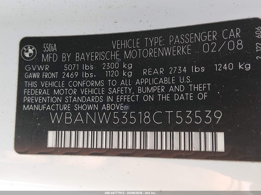 2008 BMW 550I VIN: WBANW53518CT53539 Lot: 44777912