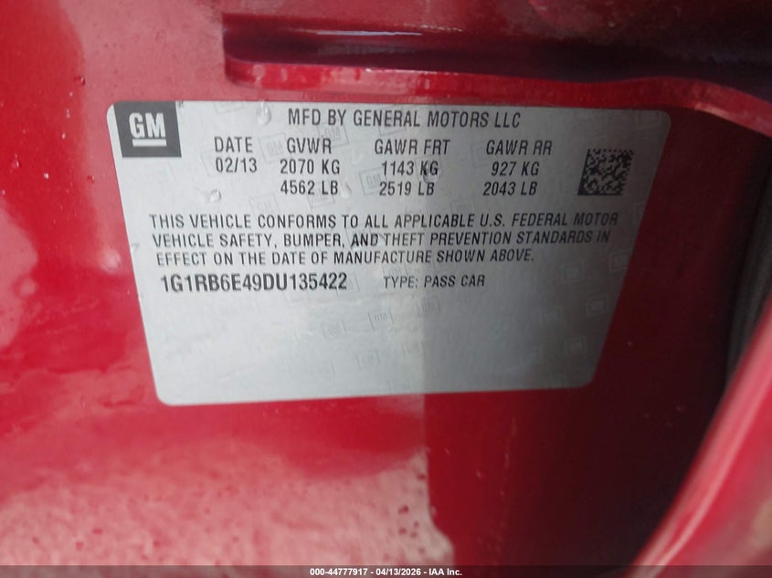 2013 Chevrolet Volt VIN: 1G1RB6E49DU135422 Lot: 44777917