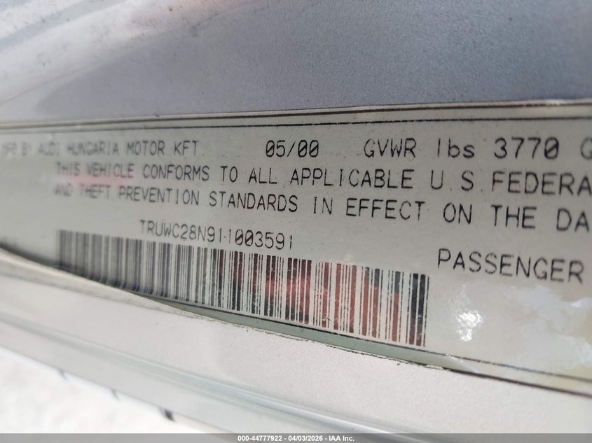 2001 Audi Tt VIN: TRUWC28N911003591 Lot: 44777922