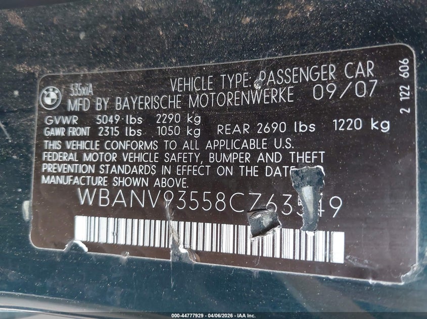 2008 BMW 535Xi VIN: WBANV93558CZ63549 Lot: 44777929