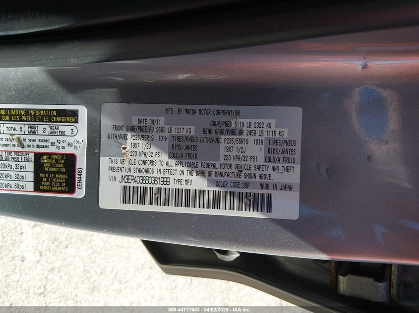 2011 Mazda Cx-7 S Grand Touring VIN: JM3ER4D38B0381999 Lot: 44777943