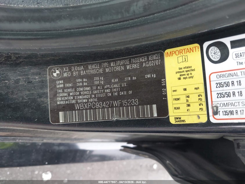 2007 BMW X3 3.0Si VIN: WBXPC93427WF15233 Lot: 44777957