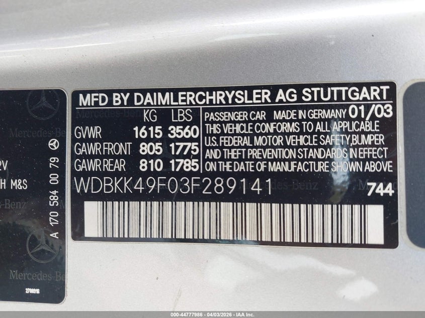 2003 Mercedes-Benz Slk 230 Kompressor VIN: WDBKK49F03F289141 Lot: 44777986