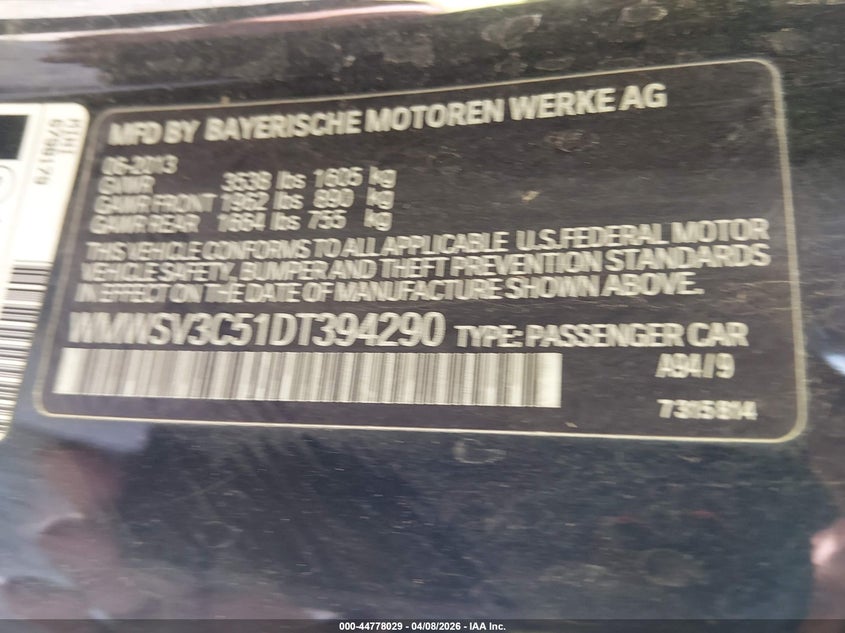 2013 Mini Hardtop Cooper S VIN: WMWSV3C51DT394290 Lot: 44778029