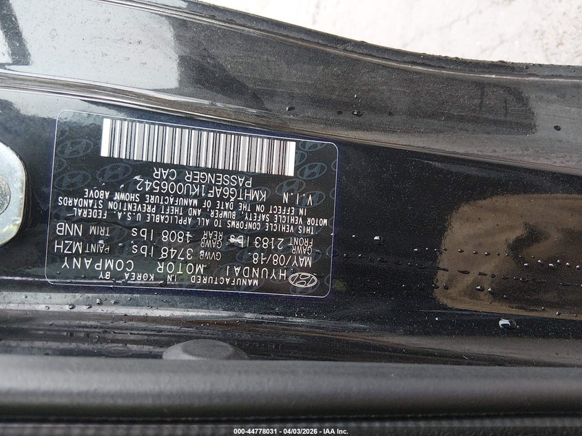 2019 Hyundai Veloster 2.0 VIN: KMHTG6AF1KU006542 Lot: 44778031