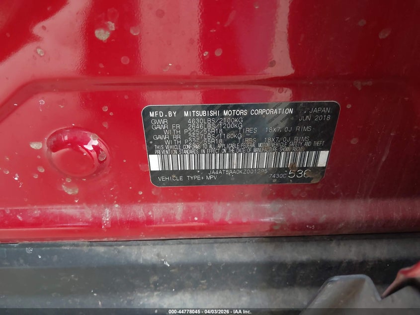 2019 Mitsubishi Eclipse Cross Sel VIN: JA4AT5AA0KZ001285 Lot: 44778045