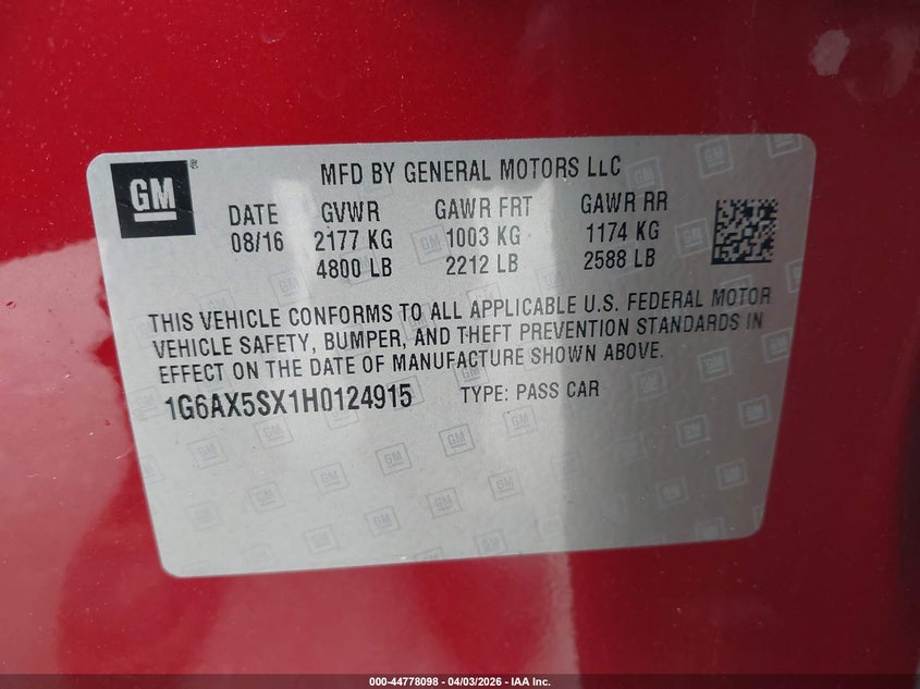 2017 Cadillac Cts Luxury VIN: 1G6AX5SX1H0124915 Lot: 44778098