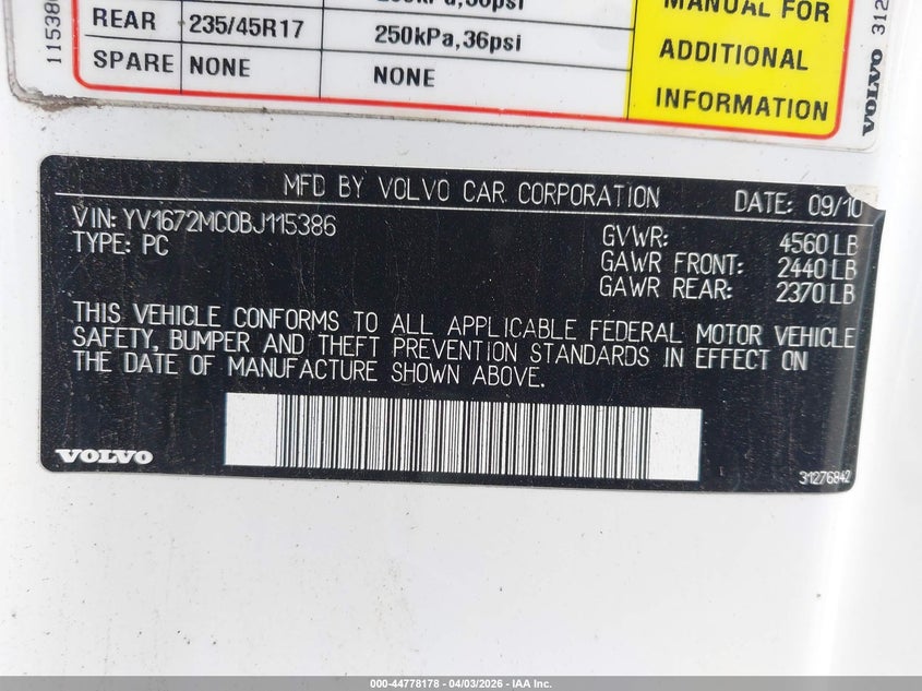 2011 Volvo C70 T5 VIN: YV1672MC0BJ115386 Lot: 44778178