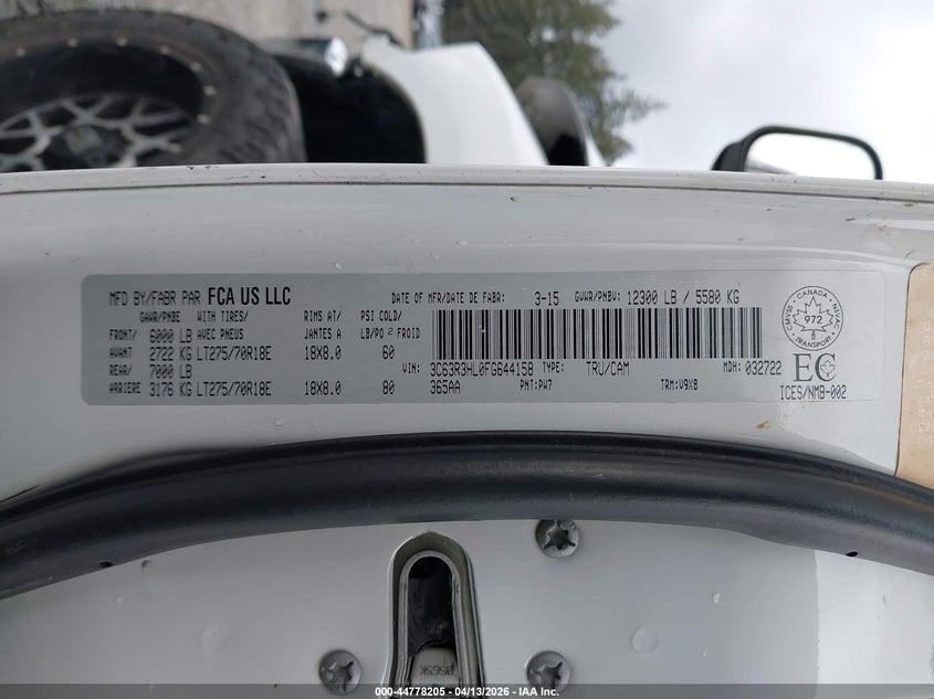 2015 Ram 3500 Slt VIN: 3C63R3HL0FG644158 Lot: 44778205