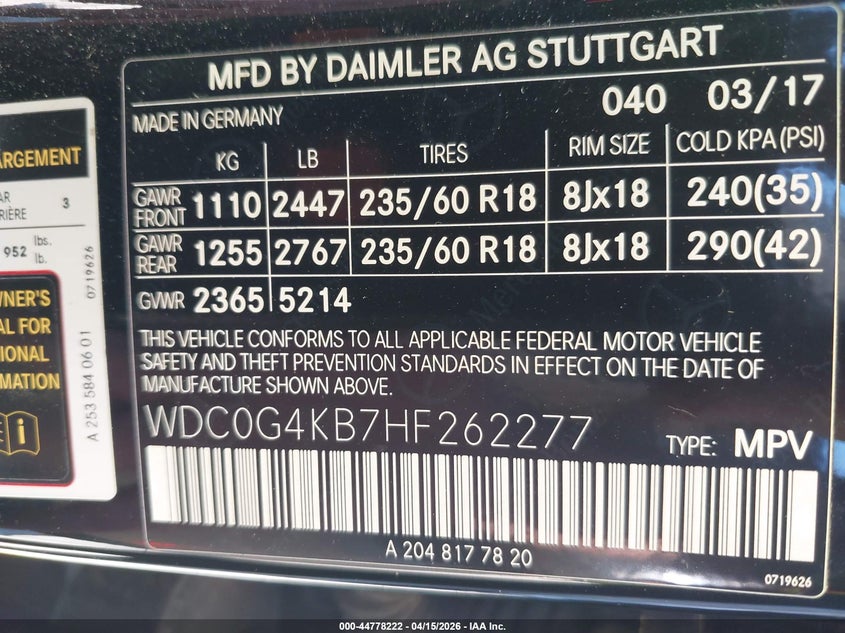 2017 Mercedes-Benz Glc 300 4Matic VIN: WDC0G4KB7HF262277 Lot: 44778222