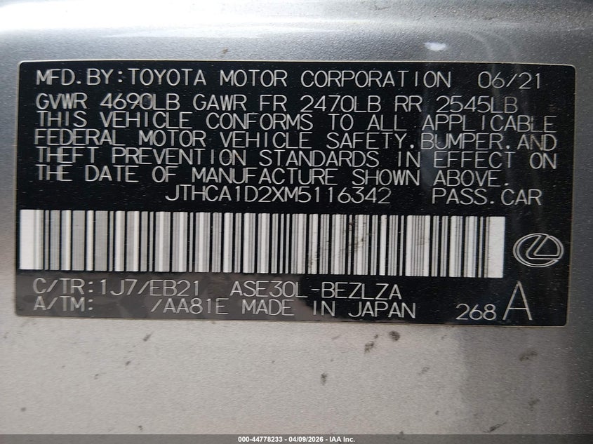 2021 Lexus Is 300 VIN: JTHCA1D2XM5116342 Lot: 44778233