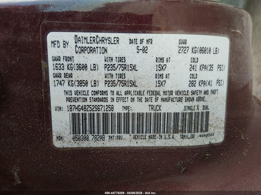 2002 Dodge Dakota Slt VIN: 1B7HG48Z52S671258 Lot: 44778289